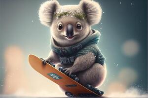 Cute koala is riding a snowboard. Illustration photo