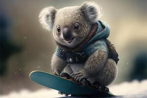 Cute koala is riding a snowboard. Illustration photo