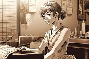 Anime Cute young girl masseuse at massage parlor, manga style illustration photo