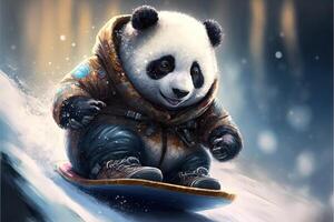 A little brave panda is riding a snowboard. Illustration photo
