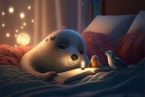 seal reading a book in beed during christmas eve night cartoon illustration photo