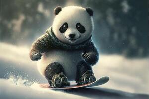 A little brave panda is riding a snowboard. Illustration photo