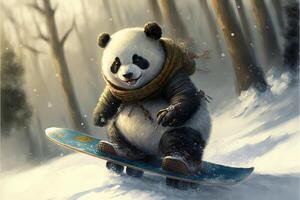 A little brave panda is riding a snowboard. Illustration photo