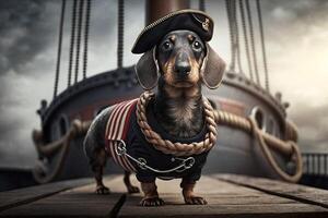 dachshund dog pirate on the ship illustration photo