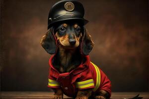 dachshund dog in a fireman suit and outfit illustration photo