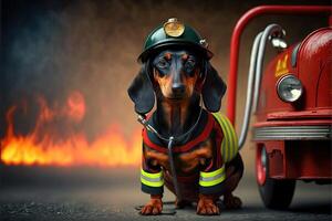 perro tejonero perro en un bombero traje y atuendo ilustración generativo ai foto