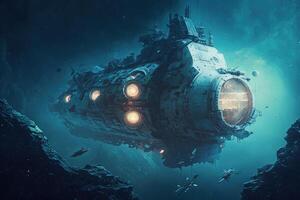 decrepit space station floating in the void of space illustration photo