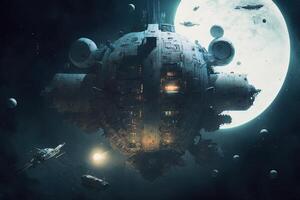 decrepit space station floating in the void of space illustration photo