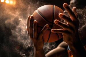 baloncesto jugador manos participación pelota en explosión de energía y fuego ilustración generativo ai foto