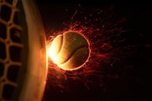 tenis raqueta golpear el pelota en energía detalle explosivo ilustración generativo ai foto