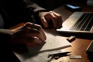 Hands of businessman using laptop on desk illustration photo