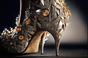 luxury gold and diamonds women shoes with high heels photo