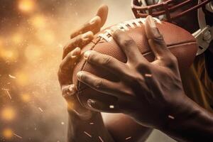 en fuego detalle de americano fútbol americano en jugador manos deportista en acción. atrapando el pelota ilustración generativo ai foto