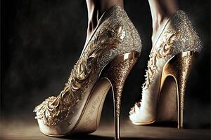 luxury gold and diamonds women shoes with high heels photo