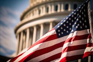 detalle de Estados Unidos bandera ondulación en Washington corriente continua Capitolio ilustración generativo ai foto