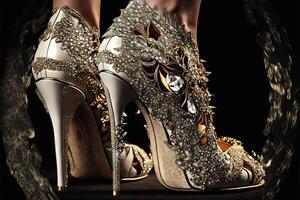 luxury gold and diamonds women shoes with high heels photo