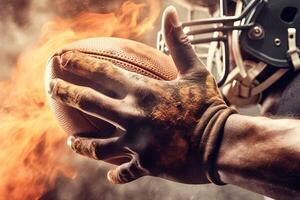 On fire detail of american football on player hands Sportsman in action. catching the ball illustration photo