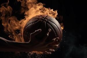baloncesto jugador manos participación pelota en explosión de energía y fuego ilustración generativo ai foto