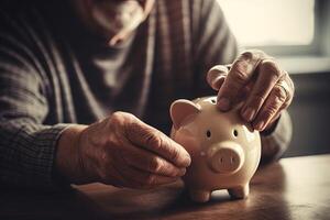 Concept hand putting money coin into piggy bank saving money for future plan and retirement fund, illustration photo