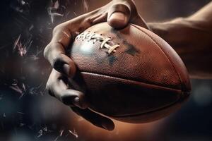 energía detalle de americano fútbol americano en jugador manos deportista en acción. atrapando el pelota ilustración generativo ai foto