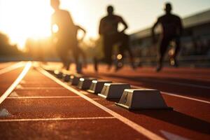 Atletas corredores a comenzando pista en pista y campos ilustración generativo ai foto