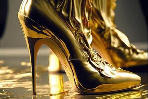lujo líquido oro mujer futuro Zapatos con alto tacones generativo ai foto