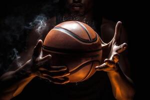 detail of basketball player hands holding ball in energy illustration generative ai photo