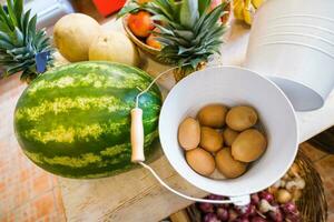 Healthy fruit and vegetables in grocery shop photo