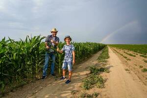 Father is teaching his son about cultivating corn photo