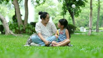 Mother and little daughter sitting on the grass together in the park. Mother having fun with her little daughter outdoors in green nature park. Happy family concept. Mother's Day video