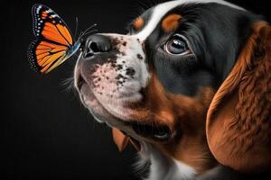 perro con gigante mariposa en nariz ilustración generativo ai foto