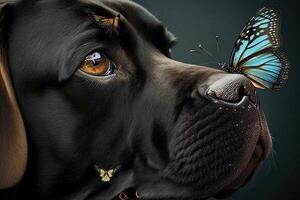 perro con gigante mariposa en nariz ilustración generativo ai foto