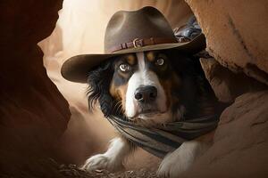 perro arqueólogo con sombrero y látigo escapando desde peligro ilustración generativo ai foto