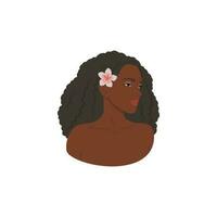 afro mujer con flor en su cabello, belleza rutina, cuidados personales, vector ilustración. negro mujer