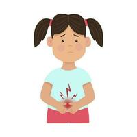 Stomach ache. Upset girl holding his stomach. Children's rotavirus. Vector illustration. Kid diseases