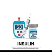 Insulin syringe, blood glucose testing meter and insulin bottle in flat style icon are shown for type 2 diabetes control vector