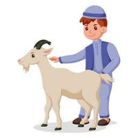 Cute moslem boy with goat cartoon. Hand drawn eid al-adha boy and goat illustration, eid al adha mubarak character. Vector illustration