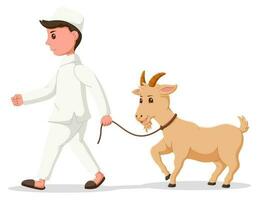 linda musulmán chico con cabra dibujos animados. mano dibujado eid al-adha chico y cabra ilustración, eid Alabama adha Mubarak personaje. vector ilustración