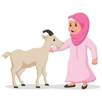 Cute moslem girl with goat cartoon. Hand drawn eid al-adha girl and goat illustration, eid al adha mubarak character. Vector illustration