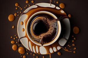 drops of coffee splashing in a cup top view illustration photo