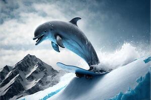 dolphin snowboarding down the snowy mountains photo