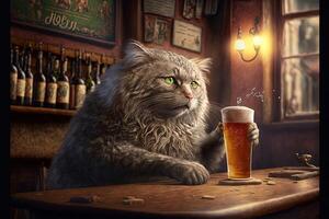 Cat drinking a beer ina pub bar illustration photo
