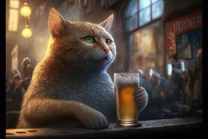 Cat drinking a beer ina pub bar illustration photo