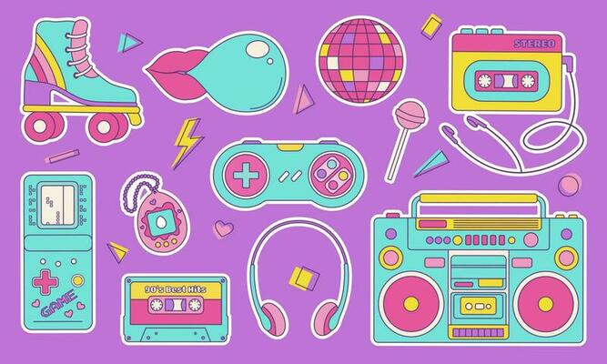 Set of colorful elements 80s 90s, retro badge, emblem, fashionable patch. Vector illustration