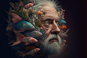 Arcimboldo style elder man made of fishes painting photo