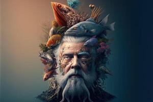 Arcimboldo style elder man made of fishes painting photo