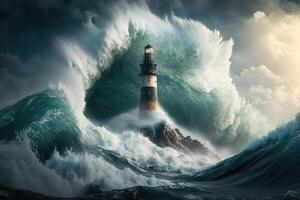 Waves hitting a lighthouse in opean sea rock illustration photo