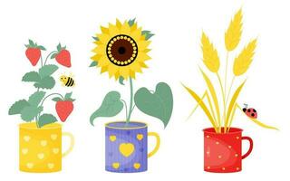 Collection summer cups with flower, berries and insects. Yellow sunflower, bouquet of spikelets with ladybug and branch with strawberries and cute bee. Vector illustration in flat style.