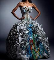 Fashion dress made by recycled garbage plastic illustration photo