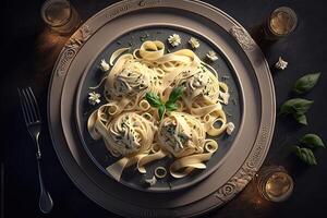 Fetuccini Alfredo Pasta plate view from the top isolated on black background illustration photo